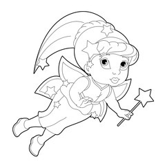 cartoon coloring page of a fairy flying holding wand - illustration for children