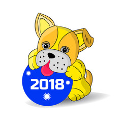 Yellow dog is playing with a New Year's ball, cartoon on a white background.Vector