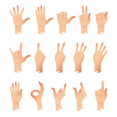 Vector set of hands in different gestures emotions isolated on white background