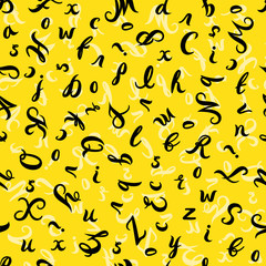 Vector seamless pattern with letters of the alphabet in random order on a yellow background. Design for web backgrounds, textiles and wrapping paper.