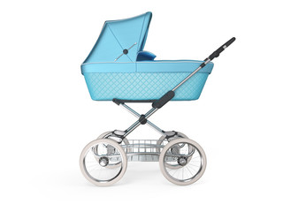 Fototapeta na wymiar Vintage blue color design baby stroller. 3d render