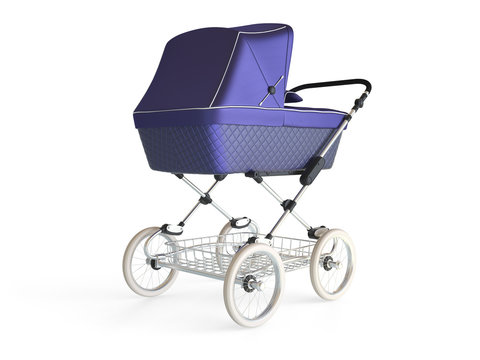 Vintage violet color design baby stroller. 3d render