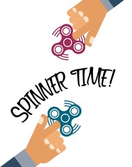 Spinner time! background with flat hands holding fidget spinner