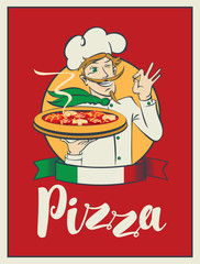 Vector illustration with the inscription Pizza and a winking chef with a pizza in hand on red background with ribbon in the colors of the Italian flag.