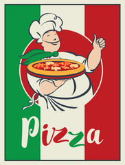 Vector illustration with the inscription Pizza and a smiling chef with a pizza in his hand on the background of italian flag