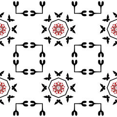 Seamless pattern with red flowers and butterfly silhouette