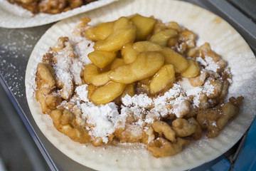 Funnel cake with apple topping in midway at the Indiana State Fair