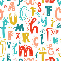 Cute English hand written alphabet, vintage vector seamless pattern. Lowercase and uppercase letters, fine for card, lettering, poster - 168067168