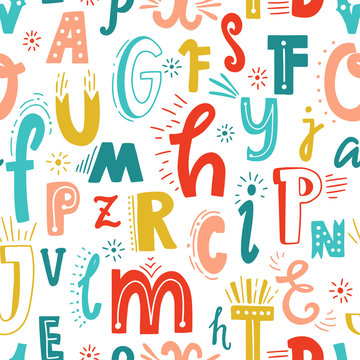 Cute English hand written alphabet, vintage vector seamless pattern. Lowercase and uppercase letters, fine for card, lettering, poster