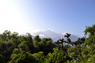 Lush forest and mountains with the color gradation of the sky