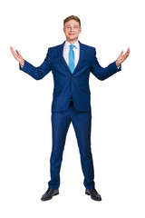 Businessman with hands out, isolated over white background