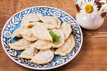 Varenyky, vareniki, pierogi, pyrohy or dumplings, filled with meat (and onion or mushrooms), can be served with sour cream