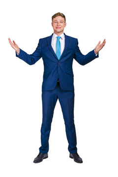 Businessman with hands out, isolated over white background