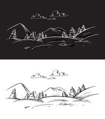 Pine tree landscape on black and white background Vector sketch