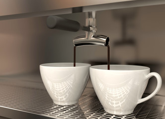 3d rendering. black coffee flowing into the white cup by coffee maker