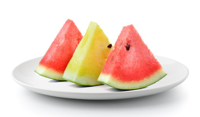 red yellow water melon in plate isolated on a white background