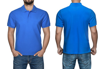 men in blank blue polo shirt, front and back view, isolated white background. Design polo shirt,...