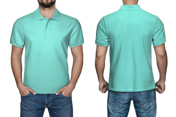 men in blank turquoise polo shirt, front and back view, isolated white background. Design polo...