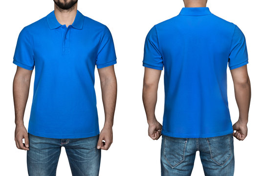 men in blank blue polo shirt, front and back view, isolated white  background. Design polo shirt, template and mockup for print. Stock Photo |  Adobe Stock