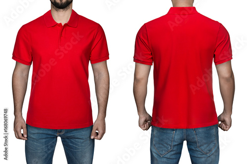 "men in blank red polo shirt, front and back view ...