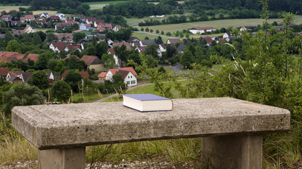 book on a stone bench with view of small town