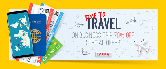 Special offer on business Travel. Business trip banner. Passport with tickets, smartphone and credit card. Air travel concept. Business travel illustration. 70% off.
