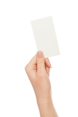 Female hand holding blank card for text message, crop, cut out