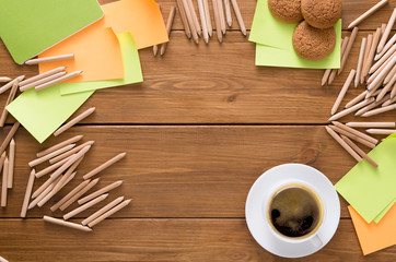 Top view on work space with various stationery