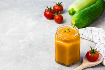 Homemade quash spread of squash, zucchini, marrow, tomatoes,onions. Selective focus, space for text.
