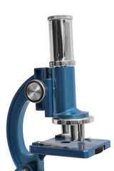 Blue shiny new microscope with three lenses on isolated white background.