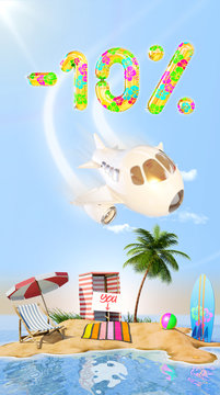 desert island with beach props, a plane and reduction price sign, 3d rendering