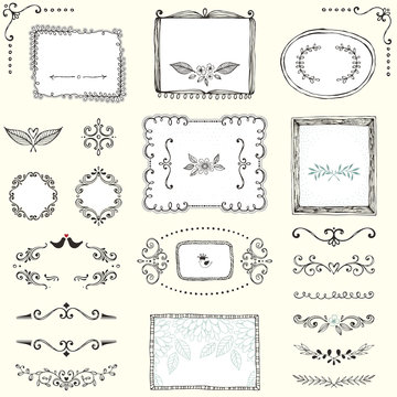 Set of hand drawn frames, labels, flowers, floral dividers and design elements. Vector illustration.