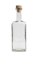 Glass transparent empty simple square bottle with plug on isolated background.