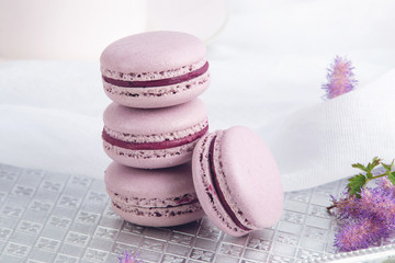 Purple macarons with BlackBerry. French delicate dessert for Breakfast