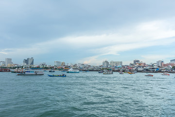 Fototapeta premium Big Ferry Boat, pattaya city, Chonburi, Pattaya downtown city and Koh Larn, Travel beach Thailand,