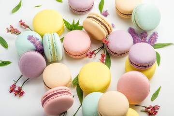 Colorful macarons with leaves and red flowers on a white background. French delicate dessert