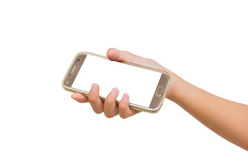 right hand of twelve year old asian young girl holding smartphone isolated on white background. Clipping path.