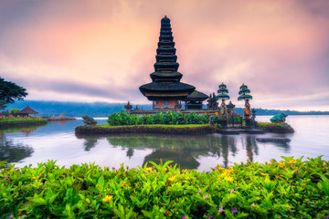 Pura Ulun Danu Bratan temple in sunrise sky at Bali island, The most famous tourist attraction in Indonesia.