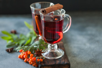 Cup of ashberry tea with cinnamon and anise