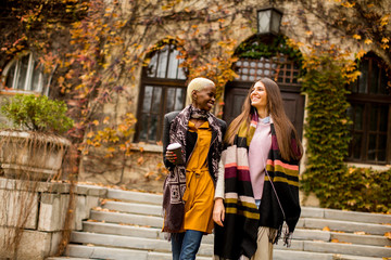 Pretty young multiethnic friends walking on autumn day