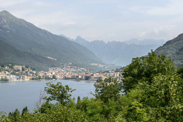 Fototapeta na wymiar aerial of Omegna little town on Orta lake, Italy