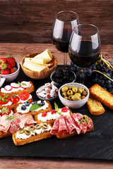 Italian antipasti wine snacks set. Cheese variety, Mediterranean