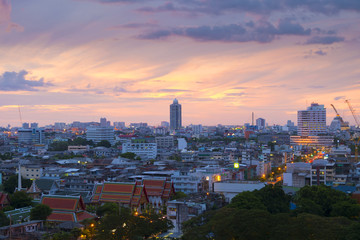 Bangkok (Thonburi side) skyline with sunset.