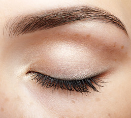 Closeup macro shot of closed human female eye with natural day face beauty make up