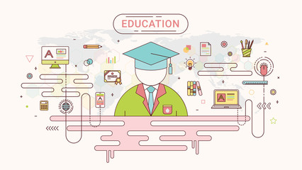Education info graphic concept. Student and school icons on world map background created by the vector. Flat line style in soft color tone.