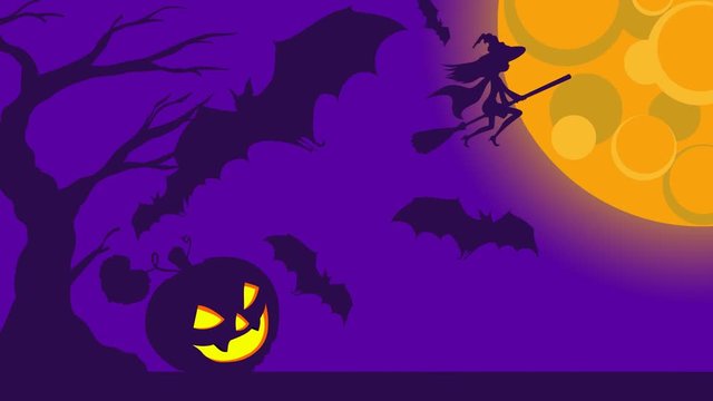 Video footage HD in cartoon style of the theme Halloween holiday party. Flying bats at background scaring landscape with trees pumpkin and castle at night time.