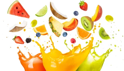 Poster mixed fruit falling in colorful juices splashing © popout