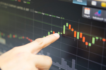 business man or broker point finger at green candle stick that stock prices skyrocket with indicator graph and volume bar for analysis stock market on led monitor background. business finance concept