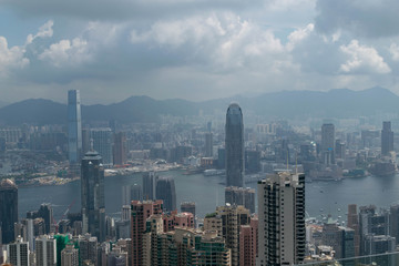 Naklejka premium Buildings cityscape from Victoria peak, Hong Kong, in August 2017