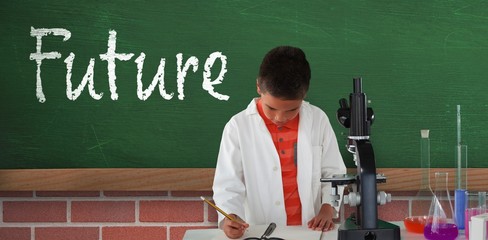 Composite image of schoolboy writing on note pad